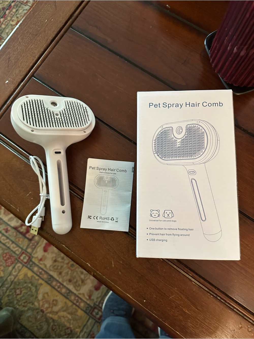 White Pet Spray Hair Comb - USB Rechargeable Grooming Tool